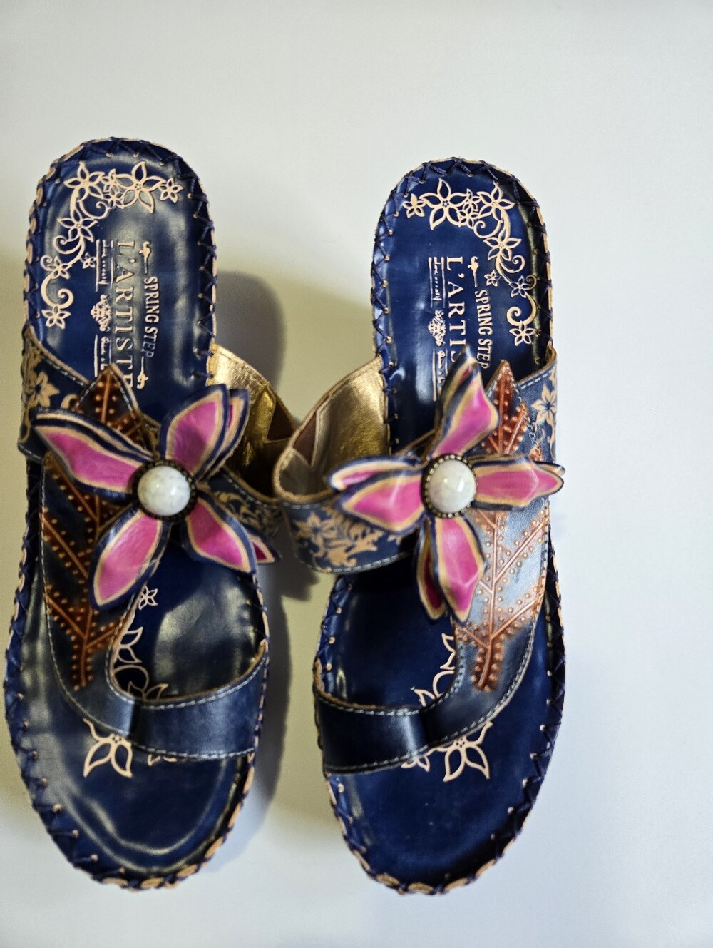 Spring Step L'Artiste Navy Leather Slide Mules with Pink Flower